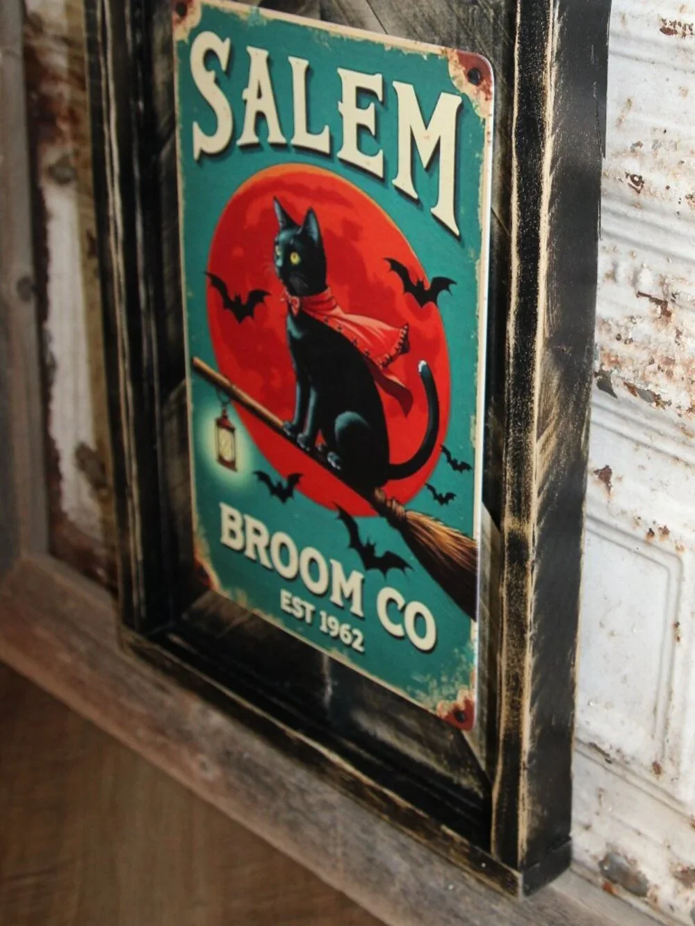 NEW! SALEM BROOM CO Black Cat Farmhouse Halloween Wall Decor Sign
